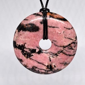 RHODONITE, Rhodonite stone, pendant hole stone, pink-black, donut pendant