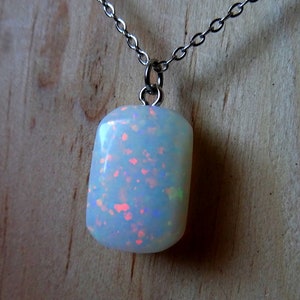 Opal pendant, white opal with stainless steel chain, rainbow, glitter