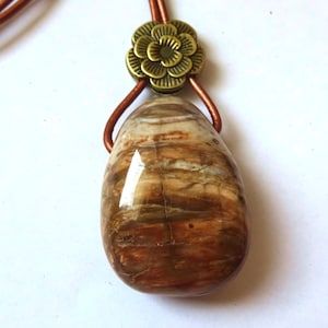 petrified wood, hole stone pendant with leather strap