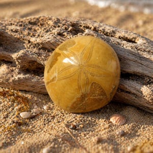 Op de afbeelding: Een ronde, lichtbruine zanddollar met een stervormig patroon, liggend op een zandstrand met drijfhout en kleine schelpen. De zanddollar heeft een natuurlijke vorm en de afbeelding heeft een warme, zonnige uitstraling.
