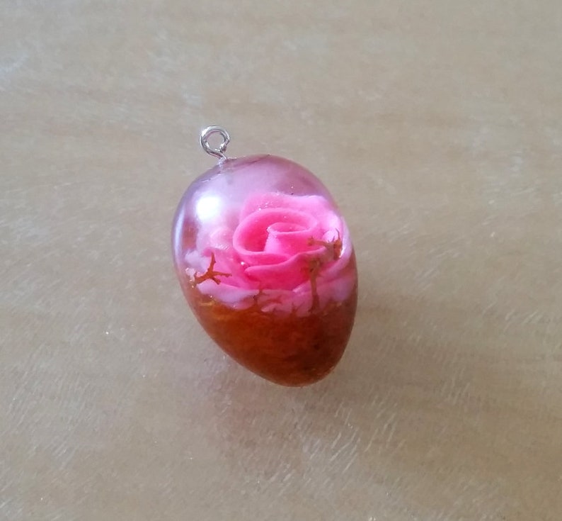 rose in resin rose pendant Rose with leaf Chain pendant rose pink rose