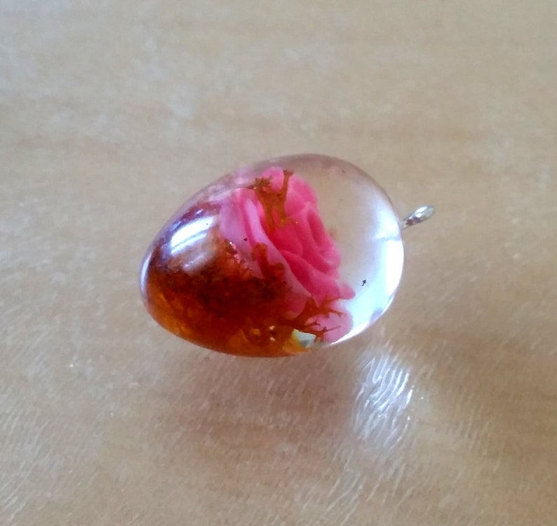 rose in resin rose pendant Rose with leaf Chain pendant rose pink rose