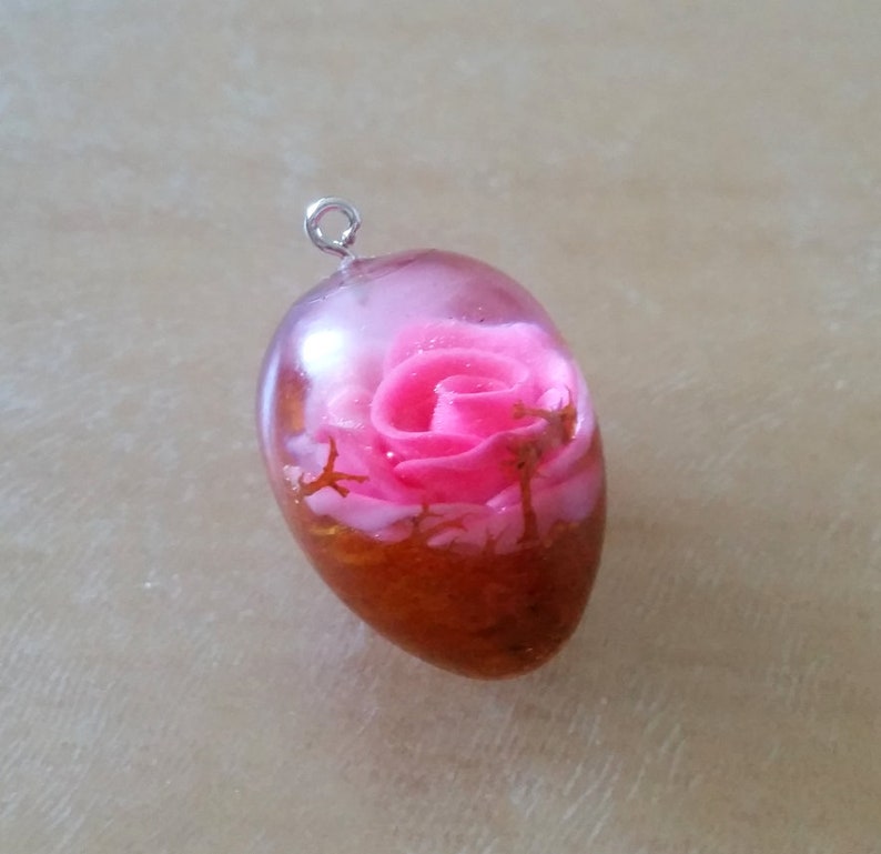 rose in resin rose pendant Rose with leaf Chain pendant rose pink rose