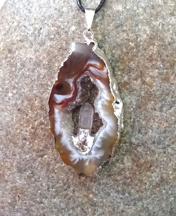 Pendentif Géode D'agate En Argent 925 - Pierres Naturelles Gris Bleuté - Neuf Sans Emballage