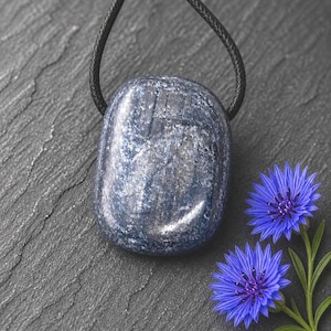 May include: A polished, oval-shaped blue gemstone pendant on a black cord. The stone has a marbled appearance with lighter blue and white inclusions. Two vibrant blue cornflowers with purple centers are placed near the pendant on a dark gray surface.