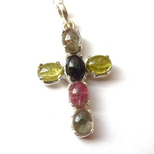 Tourmaline cross pendant made of 925 silver with 925 silver chain, multi-colored tourmalines