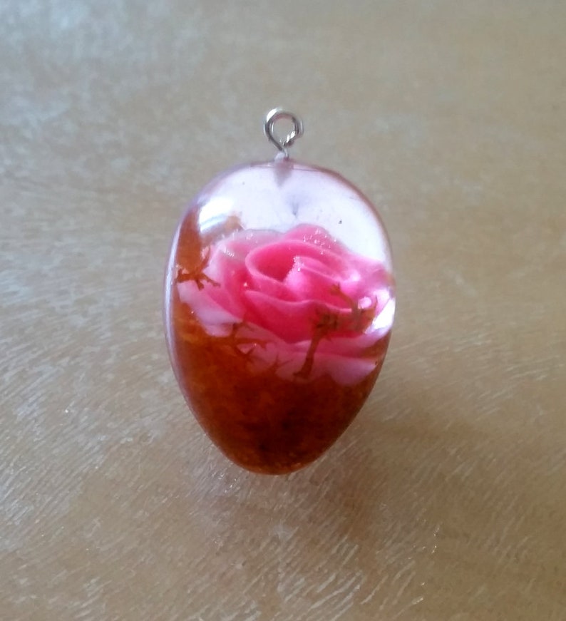 rose in resin rose pendant Rose with leaf Chain pendant rose pink rose