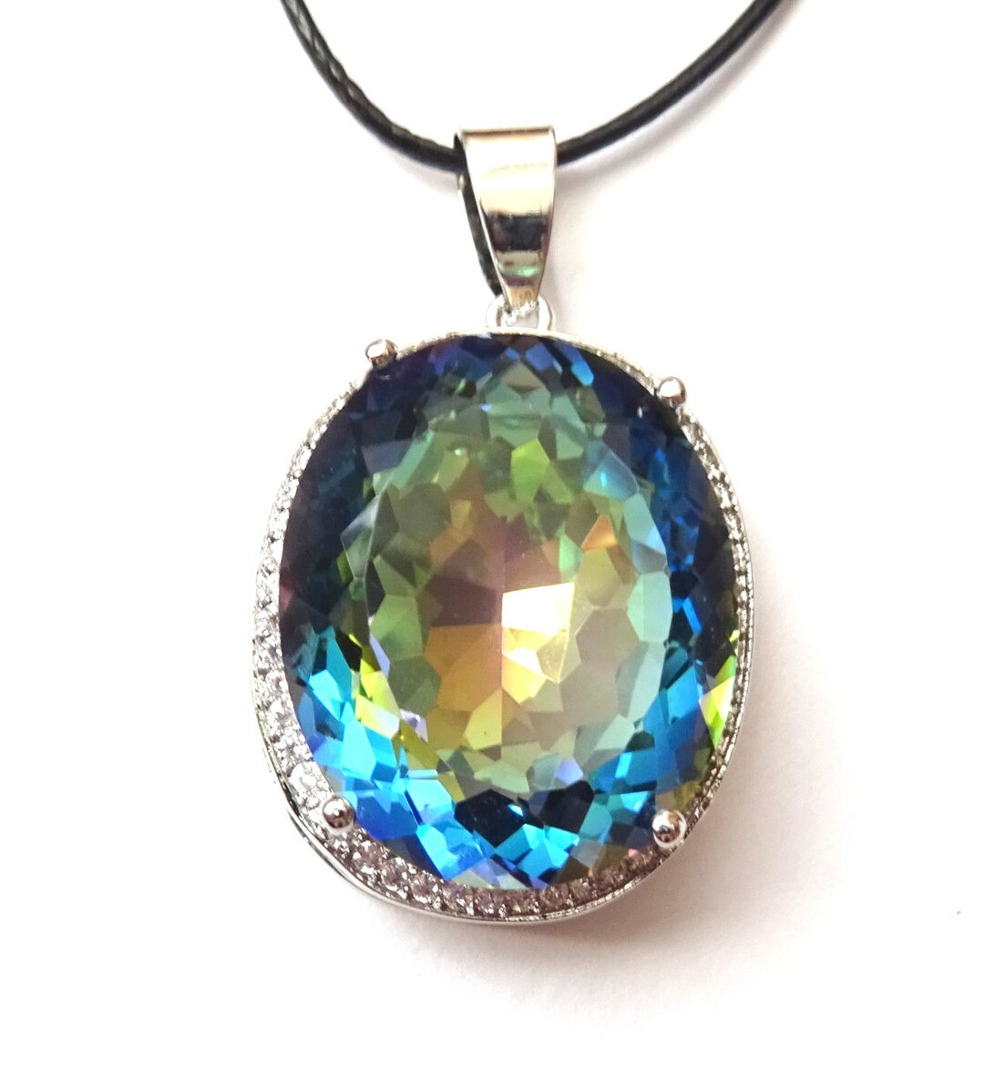 Pendentif Boîte En Argent 925 Plaqué Avec Cristal Turquoise Facetté - Collier Avec Cordon Noir, Neuf
