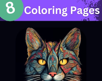 Cat Mandala Coloring Pages - Set of 8, Intricate Feline Designs, Relaxing Coloring Activity, Perfect Gift for Cat Lovers