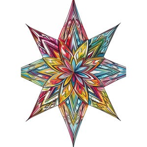 May include: A colorful, intricate star-shaped design with a mandala-like pattern. The star is made up of various shades of pink, red, yellow, blue, and green. The design is perfect for coloring.