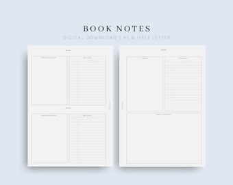 Book Reading Notes Printable, A5 Half Letter Page Tracker (Digital Download)