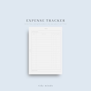 Puede incluir: Una hoja de cálculo de seguimiento de gastos imprimible con el título "Expense Tracker" y el texto "Digital Download | A5 & Half Letter". La hoja de cálculo tiene columnas para la fecha, la descripción, la entrada, la salida y el saldo.