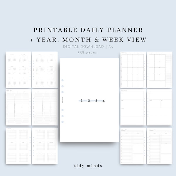 2024 Daily Planner Printable A5 Insert with Yearly Monthly Weekly + Daily view 6 ring printable week + month on two pages | tidy minds