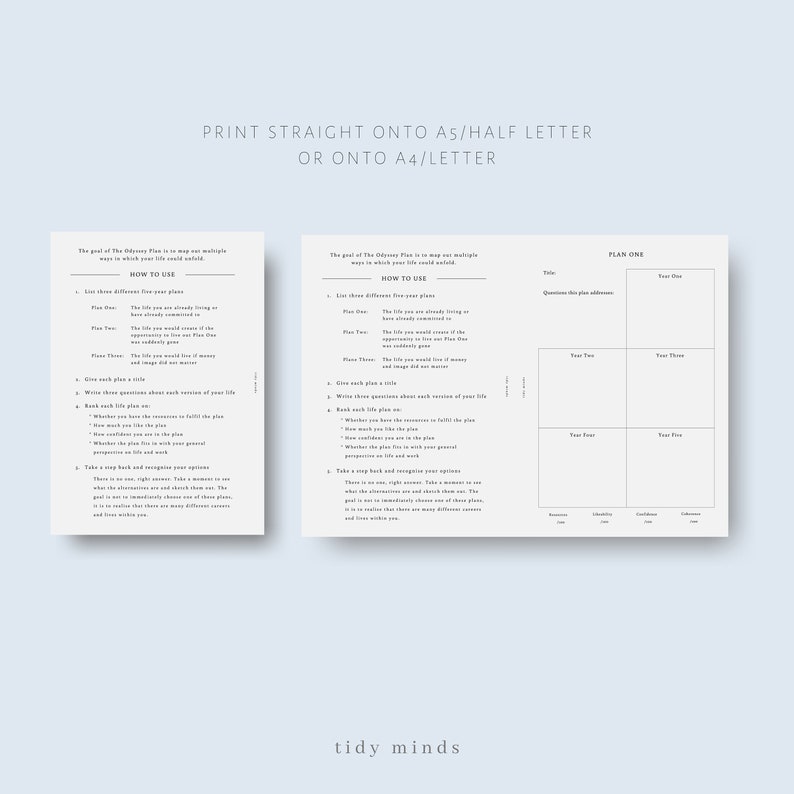 May include: A printable worksheet titled "The Odyssey Plan" with instructions on how to use the worksheet to map out multiple life plans. The worksheet includes sections for listing different life plans, writing questions about each version of your life, ranking each plan, and taking a step back to recognize your options.