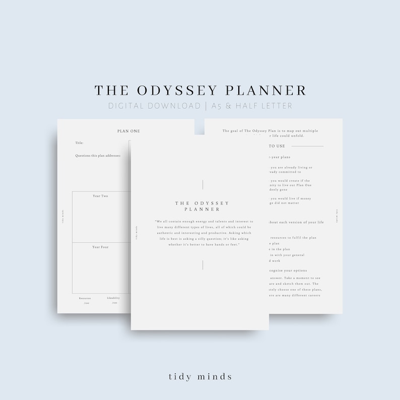 May include: A printable planner with the title "The Odyssey Planner" and the text "Digital Download | A5 & Half Letter". The planner is divided into sections for "Plan One", "Year Two", "Year Four", and "Resources". The planner also includes a section with the text "The Odyssey Planner" and the text "We all contain enough energy and talents and interest to live many different types of lives, all of which could be authentic and interesting and productive. Asking which life is best is asking a silly question, it's like asking whether it's better to have hands or feet."