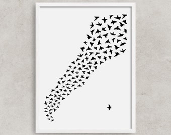 Flock of Birds, Black and White Wall Art, Bird Illustration, Nature Art, Minimal Art Print, Printable Artwork, Home Decor, Digital Download