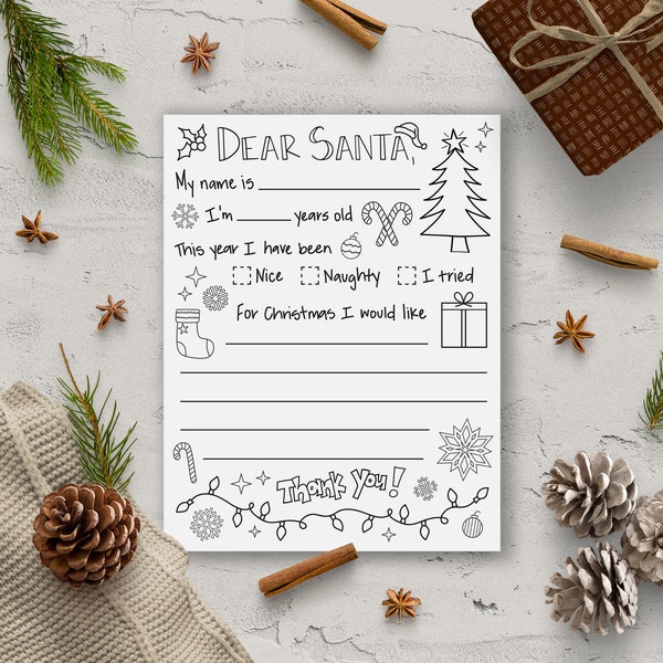 Dear Santa Printable, Letter to Santa, Christmas Coloring Page, Kids Coloring Sheet, Xmas Kids Activity, Christmas Printable, Kids Gift List