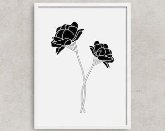 Flower Art Print, Flower Illustration, Minimal Flower Print, Minimal, Black and White Wall Art, Printable Art, Home Decor, Digital Download