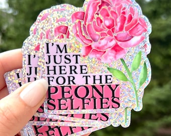 Glitter Pink Peony Selfies Sticker: Watercolor Vinyl Decal (3")