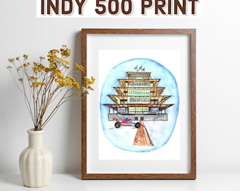 Indy 500 Aquarell Kunstdruck – Indianapolis Pagode und IndyCar