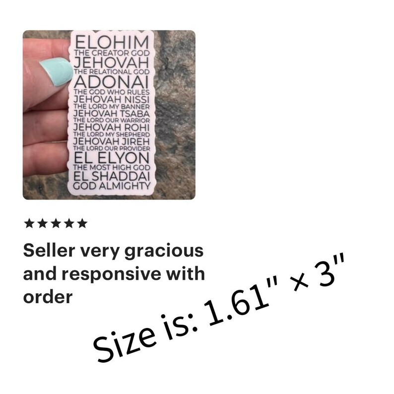 May include: White sticker with black text listing various names for God in Hebrew and English. The sticker is 1.61 inches by 3 inches.