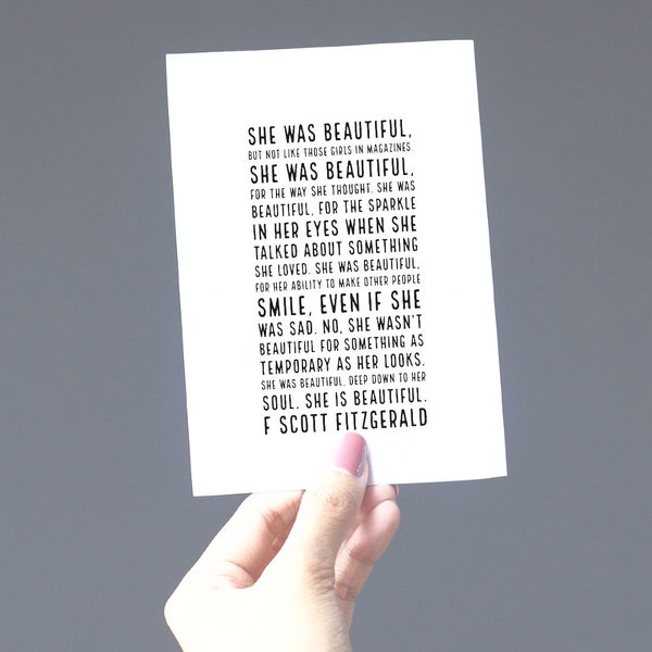 F. Scott Fitzgerald 'She Was Beautiful' Poem Greeting Card - Timeless Elegance & Graceful Words