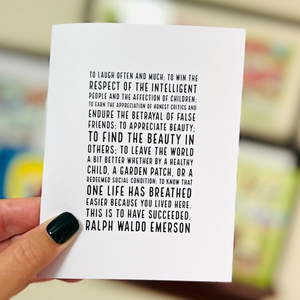 Ralph Waldo Emerson - To Laugh Often and Much poem -  inspirational card or print - success - redemption quote