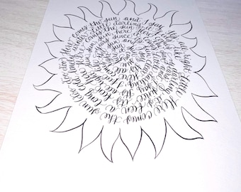 Beatles 'Here Comes the Sun' Lyrics Postcard: Sunflower Calligraphy