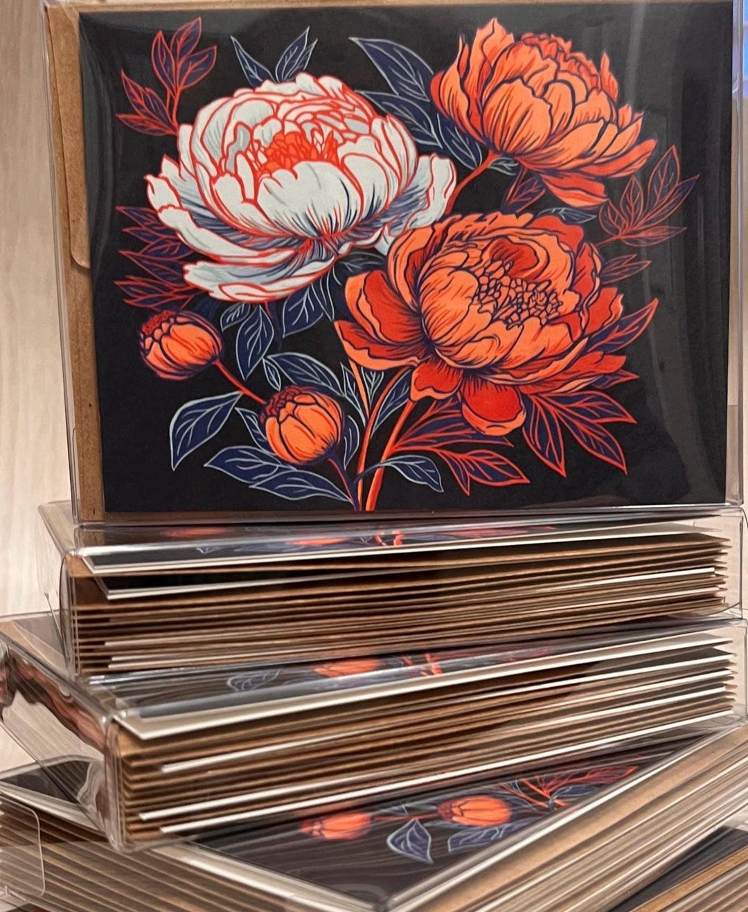 Peony Note Card Set: Blue & Orange Floral Stationery With Jute - Etsy