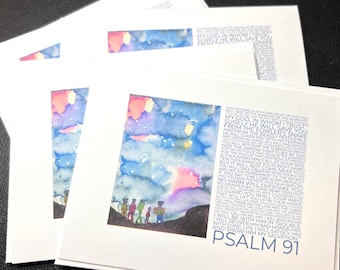 May include: A watercolor painting of a starry night sky with a group of people walking on a path. The painting is accompanied by the text of Psalm 91, a passage from the Bible.