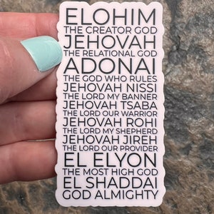 May include: White sticker with black text listing different names for God in Hebrew and English. The names include Elohim, Jehovah, Adonai, Jehovah Nissi, Jehovah Tsaba, Jehovah Rohi, Jehovah Jireh, El Elyon, and El Shaddai.
