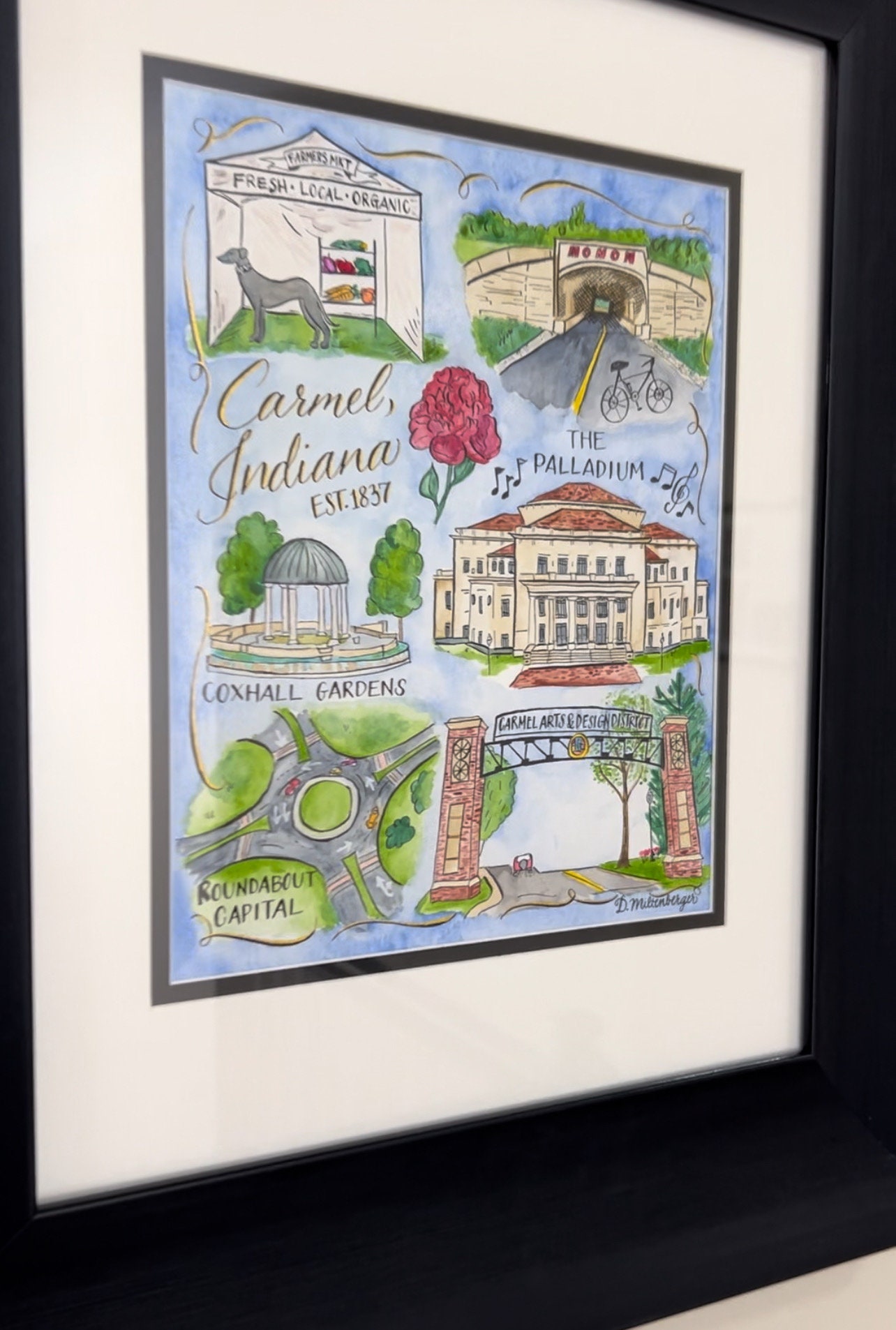 Carmel Indiana Art map print poster | Indiana watercolor canvas | Original iconic landmarks, vibrant cityscapes-historic architecture
