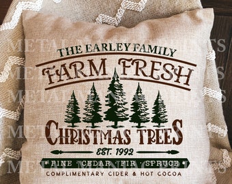 Personalized Farm Fresh Christmas Tree pillow cover. Farmhouse style Christmas.