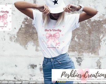She Is Worthy Christian Tee, Pink Bow Shirt