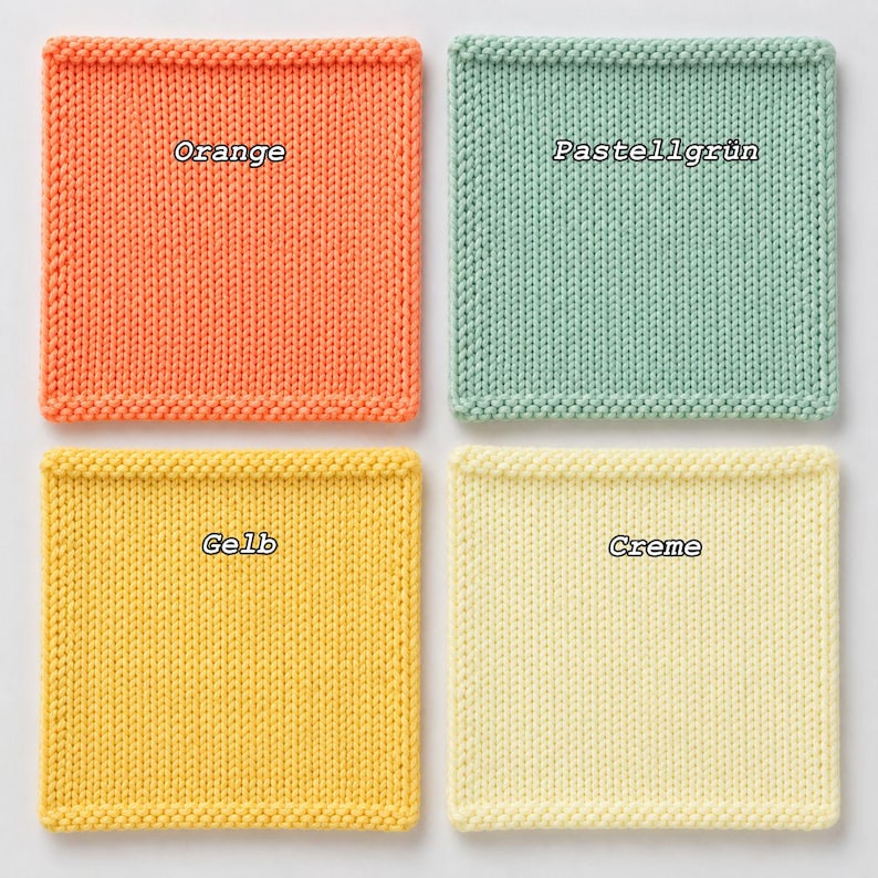 May include: Four square knitted swatches arranged in a grid. The top left is orange with the text Orange. The top right is pastel green with the text Pastellgr&uuml;n. The bottom left is yellow with the text Gelb. The bottom right is cream with the text Creme.