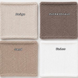 May include: Four square knitted swatches arranged in a grid. The top left is beige, the top right is dark brown labelled Dunkelbraun, the bottom left is sand, and the bottom right is white labelled Weiss. Each swatch features a consistent knit texture.