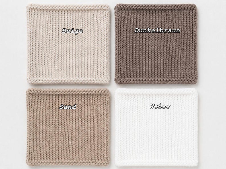 May include: Four square knitted swatches arranged in a grid. The top left is beige, the top right is dark brown labelled Dunkelbraun, the bottom left is sand, and the bottom right is white labelled Weiss. Each swatch features a consistent knit texture.