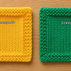 May include: Two square knitted coasters, one bright yellow and one vibrant green. The yellow coaster features the text Sonnengelb, and the green coaster features the text Grasgr&uuml;n. Both items have a textured border and a smooth centre knit pattern.