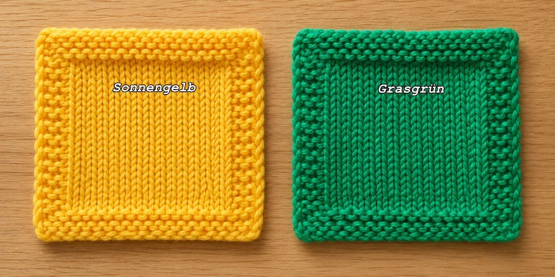 May include: Two square knitted coasters, one bright yellow and one vibrant green. The yellow coaster features the text Sonnengelb, and the green coaster features the text Grasgr&uuml;n. Both items have a textured border and a smooth centre knit pattern.