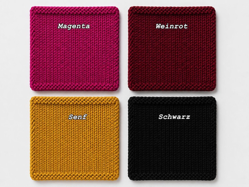 May include: Four square knitted coasters arranged in a grid. The top left is magenta with the text Magenta. The top right is dark red with the text Weinrot. The bottom left is mustard yellow with the text Senf. The bottom right is black with the text Schwarz.