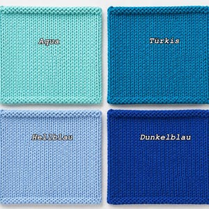 May include: Four square knitted swatches arranged in a grid. The top left is light aqua with the text Aqua. The top right is turquoise with the text T&uuml;rkis. The bottom left is light blue with the text Hellblau. The bottom right is dark blue with the text Dunkelblau.