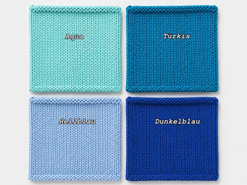 May include: Four square knitted swatches arranged in a grid. The top left is light aqua with the text Aqua. The top right is turquoise with the text T&uuml;rkis. The bottom left is light blue with the text Hellblau. The bottom right is dark blue with the text Dunkelblau.