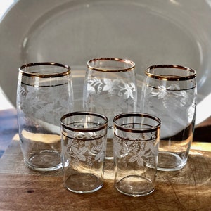 Vintage 12 Piece Set Beverage Glasses And Juice Glasses, Tumblers Juice Glasses Gold Trim and Frosted, Mid Century Drink Ware
