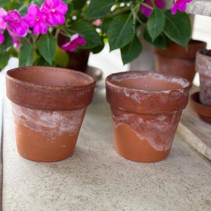 May include: Two terracotta flower pots with a white wash effect on the lower half. The pots are empty and sit on a light-colored surface. In the background, vibrant pink flowers bloom in other terracotta pots, suggesting a gardening theme.