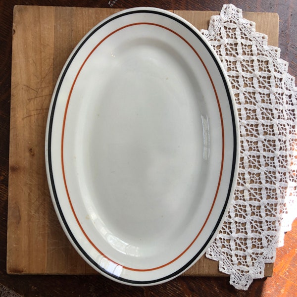 Vintage Jackson Vitrified China Platter, Made in USA, Farmhouse Platter, Oval, Black Orange Rust Rim, Restaurant Ware, Antique Dishes