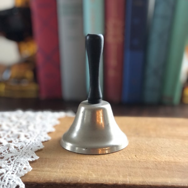 Vintage Silver Metal Hand Bell, Black Wood Handle School Bell, Rustic Bell, Desk Bell