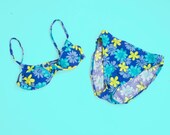 1980s Floral High Cute Swimsuit Bikini Two Piece Blue Green Size Small