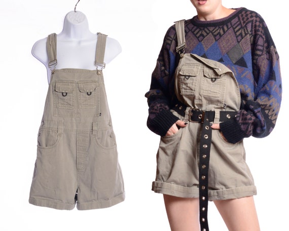 Navy Green "No Boundaries" Overall Shorts Y2K