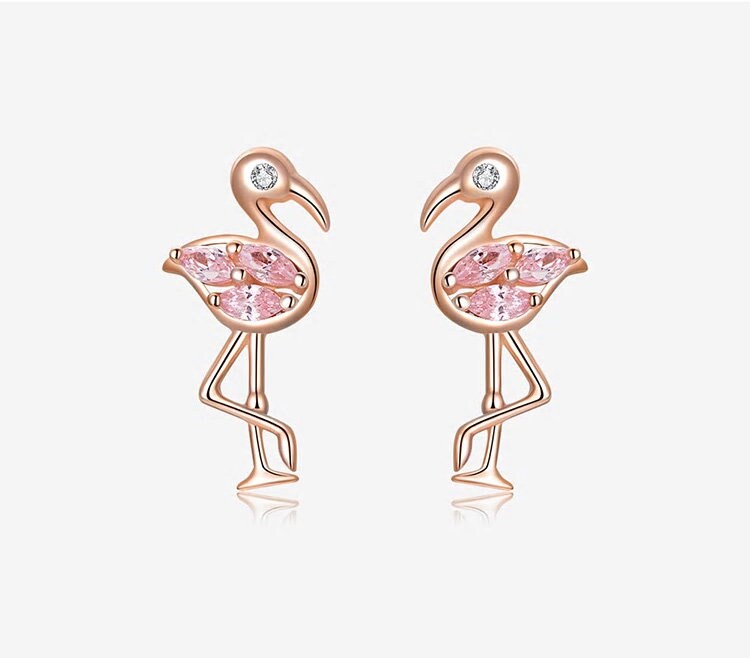 Pink CZ Rose Gold Flamingo Earring Studs/ Animal Studs/ Pink - Etsy