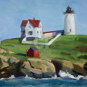 Nubble Light, York Maine, vuurtoren, landschap, Maine Art, Art Card, Print, schilderij, Maine Seascape, Coastal Maine, Rocky Coast, Oceaan